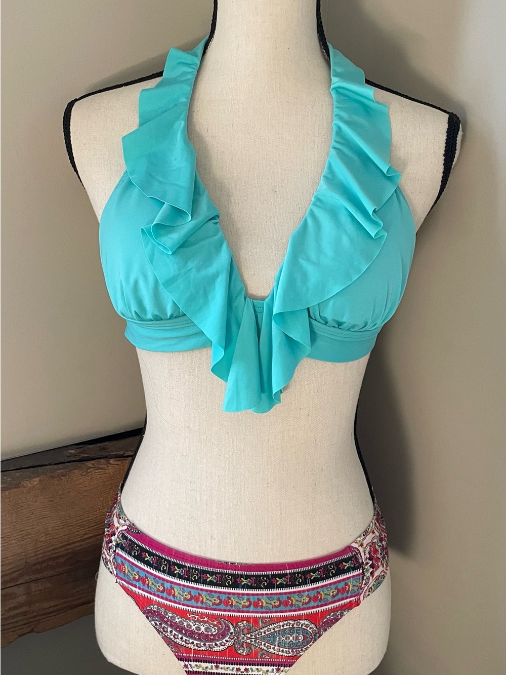 Ruffled Halter Bikini Top in Aqua with Boho bottom-Women Swim Bikini